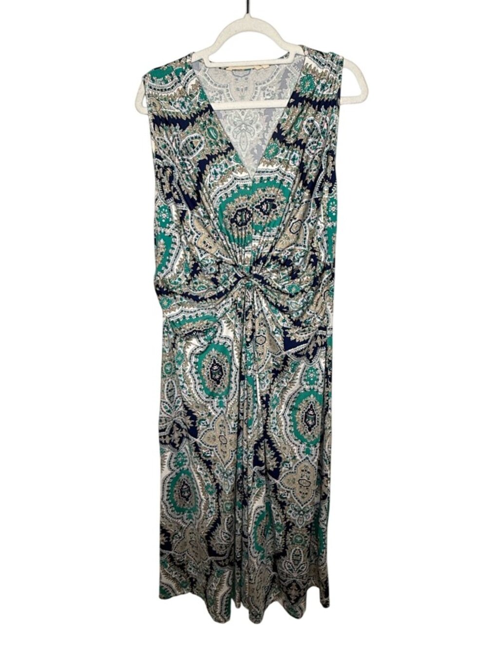 Soft Surroundings 1X Paisley Maxi Dress Teal Navy Boho Resort Sleeveless Coastal